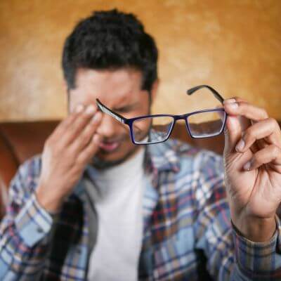 man holding his glasses in one hand and rubbing his eye in the other